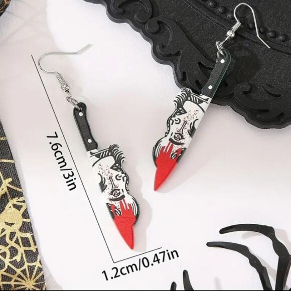 🌷5 For $15🌷 Goth Bloody Knife Stabby Lady Head - Acrylic Dangle Earrings - Picture 3 of 3
